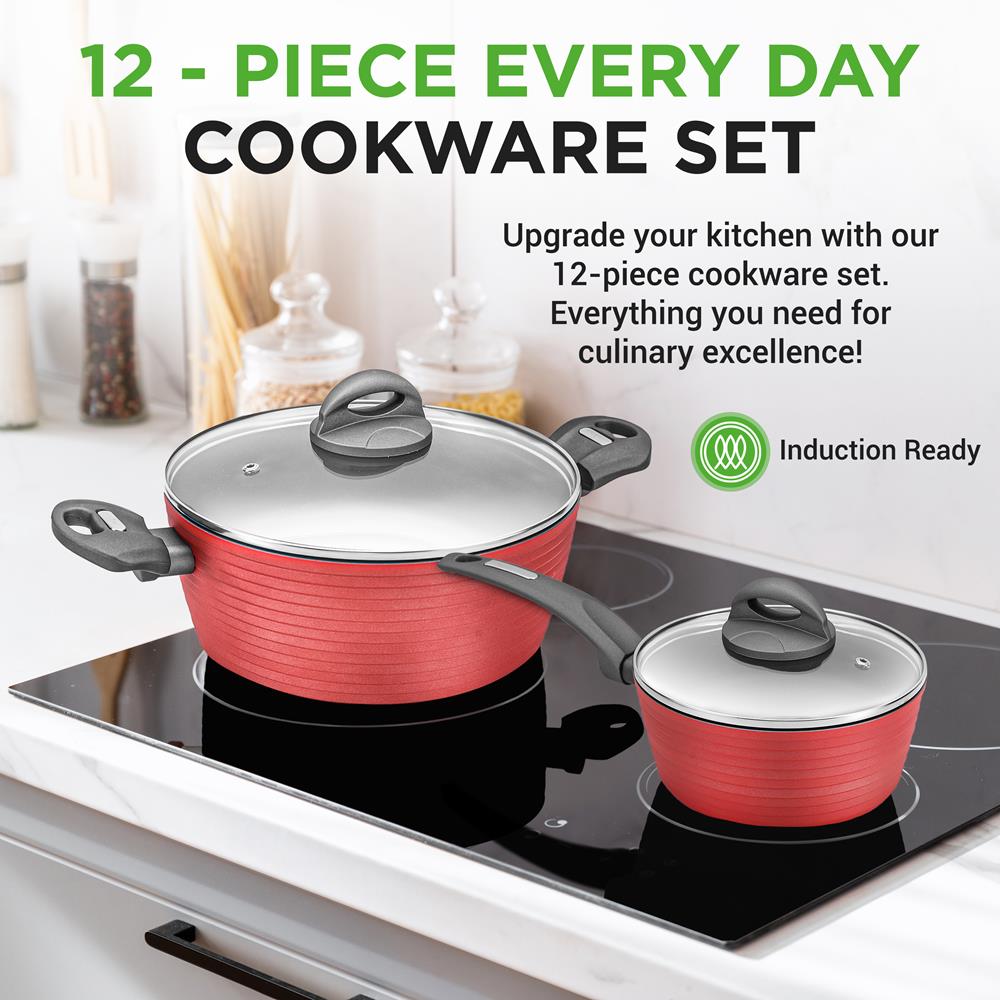 12-Piece Nonstick Cookware Set, Even Heat, Red