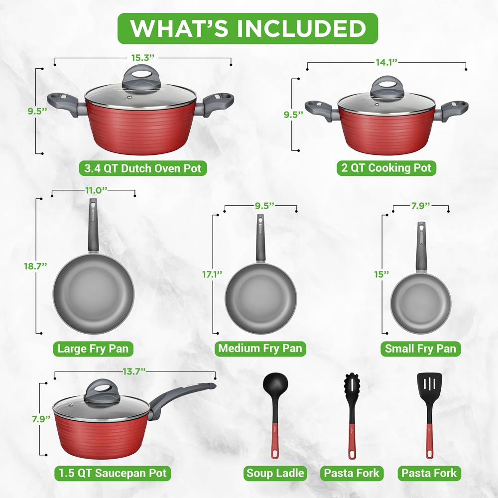 12-Piece Nonstick Cookware Set, Even Heat, Red