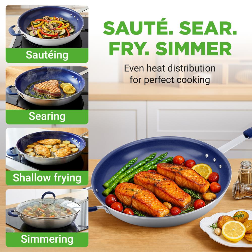 14" Nonstick Fry Pan with Lid - Easy Clean Ceramic
