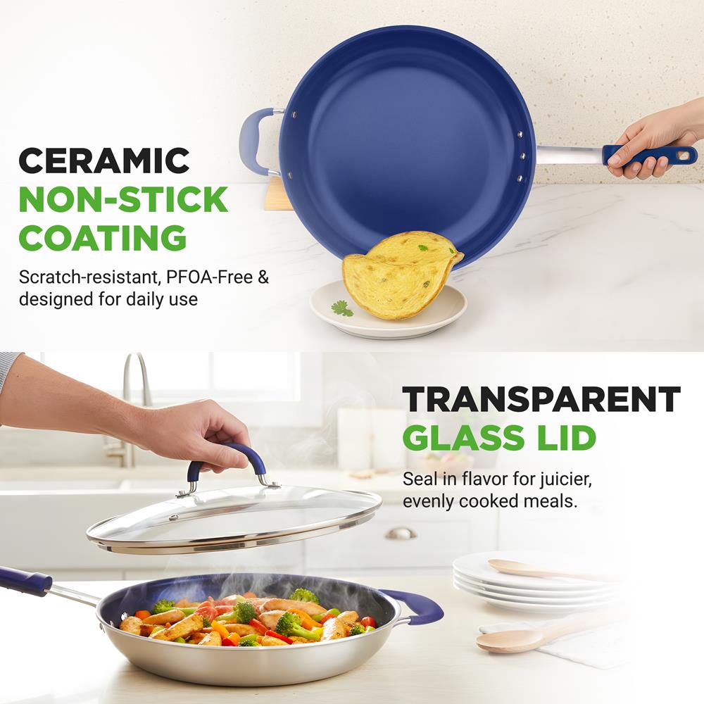 14" Nonstick Fry Pan with Lid - Easy Clean Ceramic