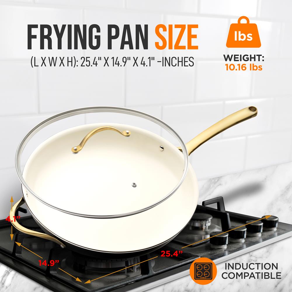 14" Non-Stick Fry Pan with Lid, Golden Titanium Handle