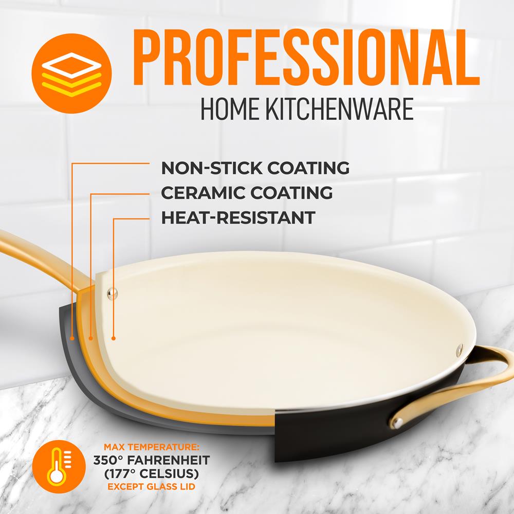 14" Non-Stick Fry Pan with Lid, Golden Titanium Handle