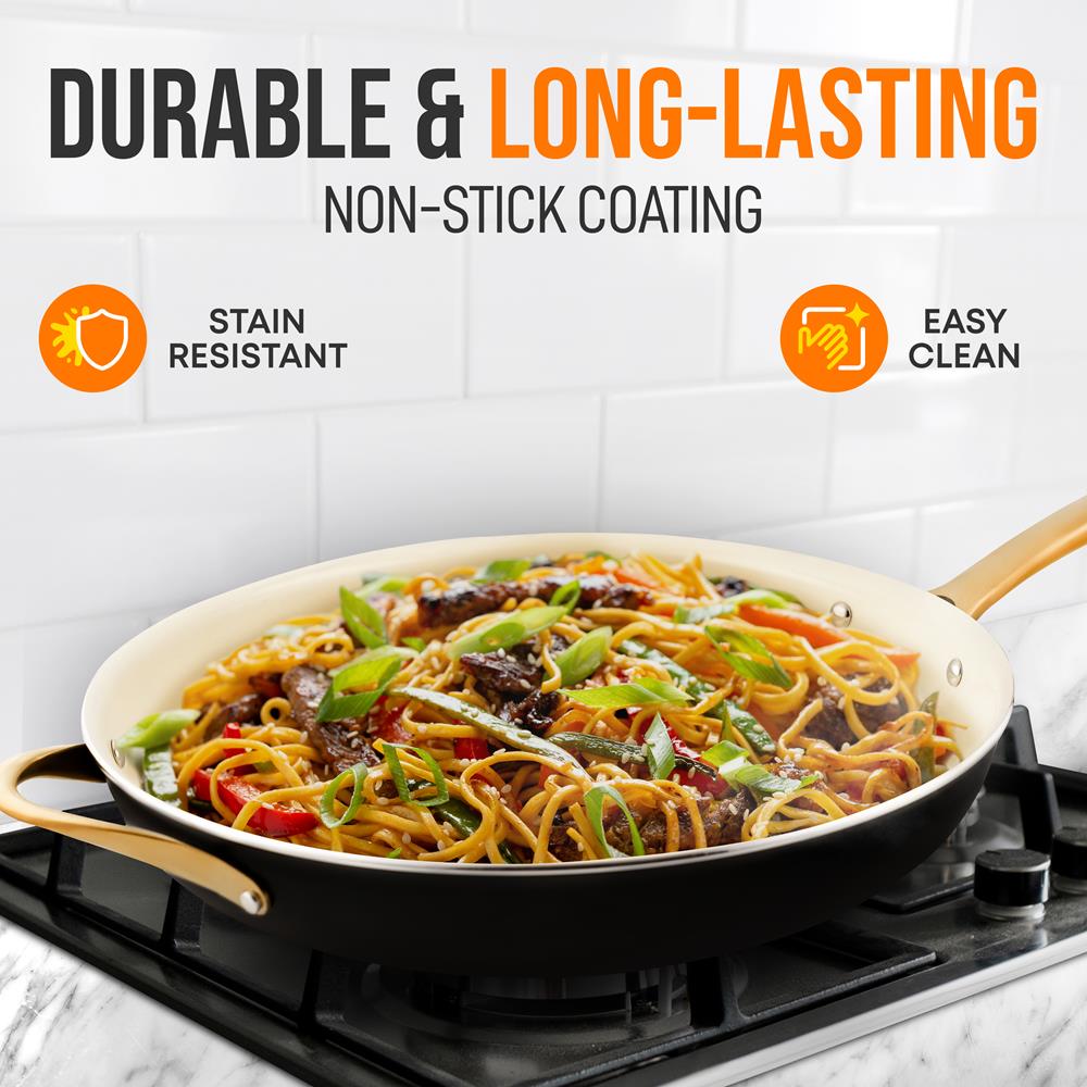 14" Non-Stick Fry Pan with Lid, Golden Titanium Handle