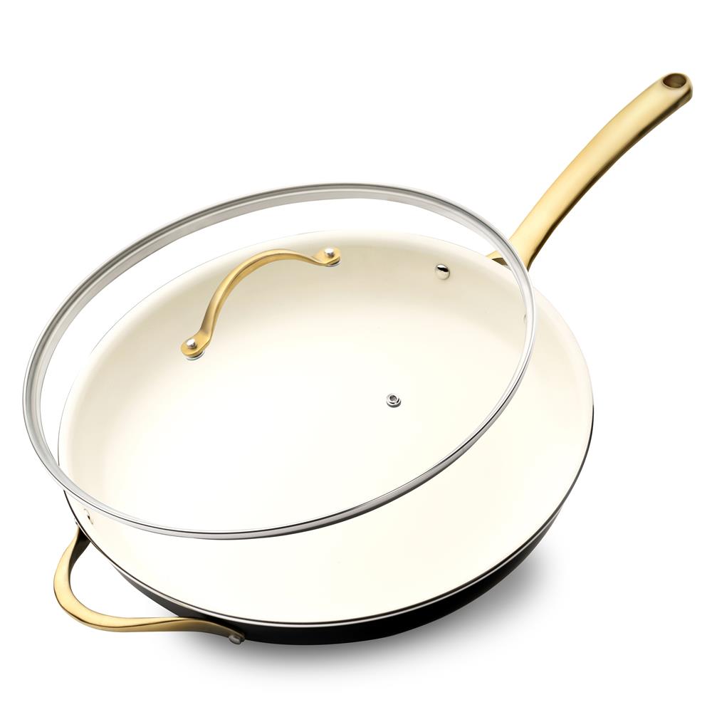 14" Non-Stick Fry Pan with Lid, Golden Titanium Handle