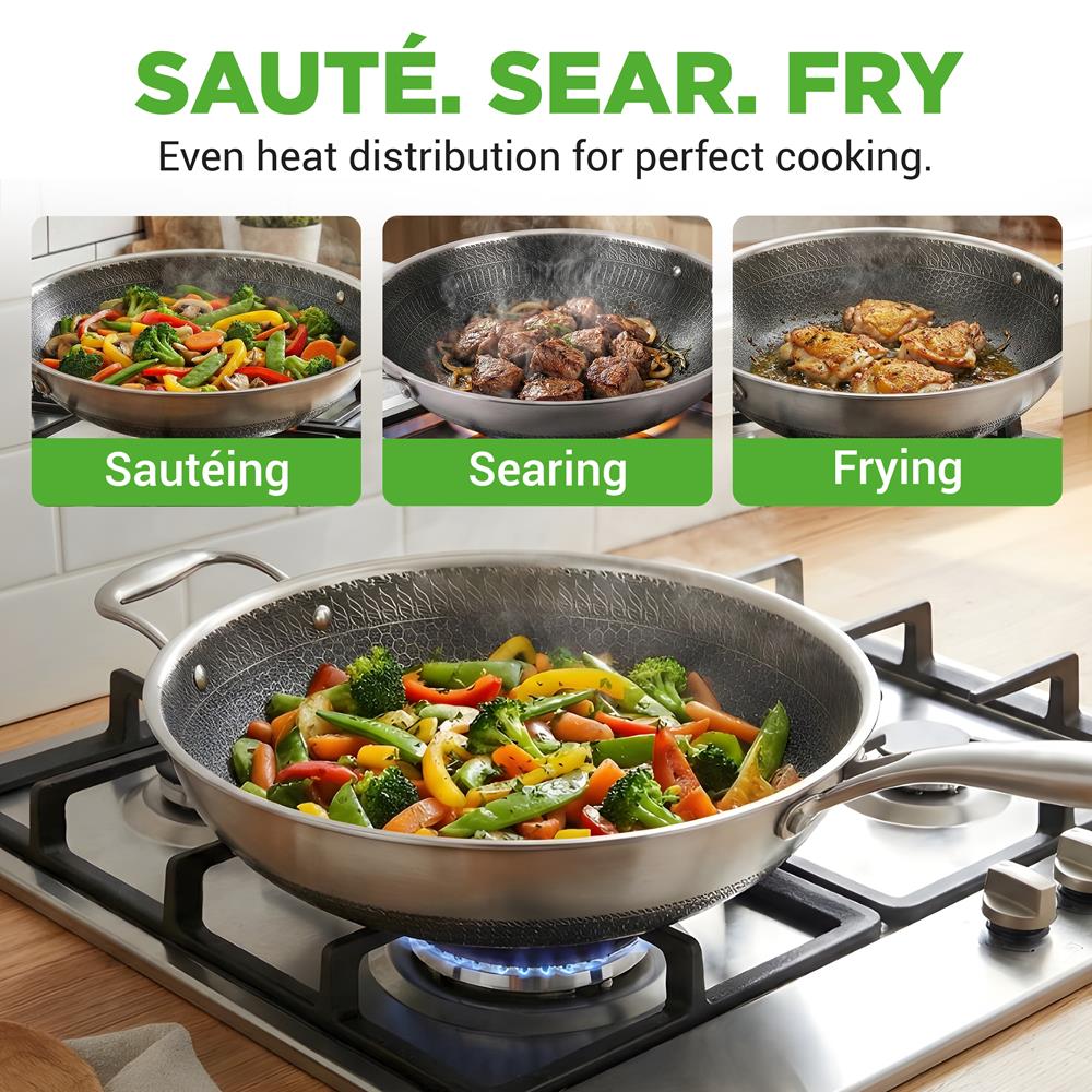 12" Stainless Steel Wok - Quick Heat, Non-Stick