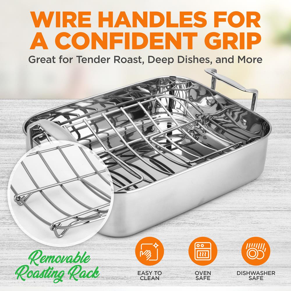 14" Stainless Steel Roasting Pan with Rack, Oven Safe