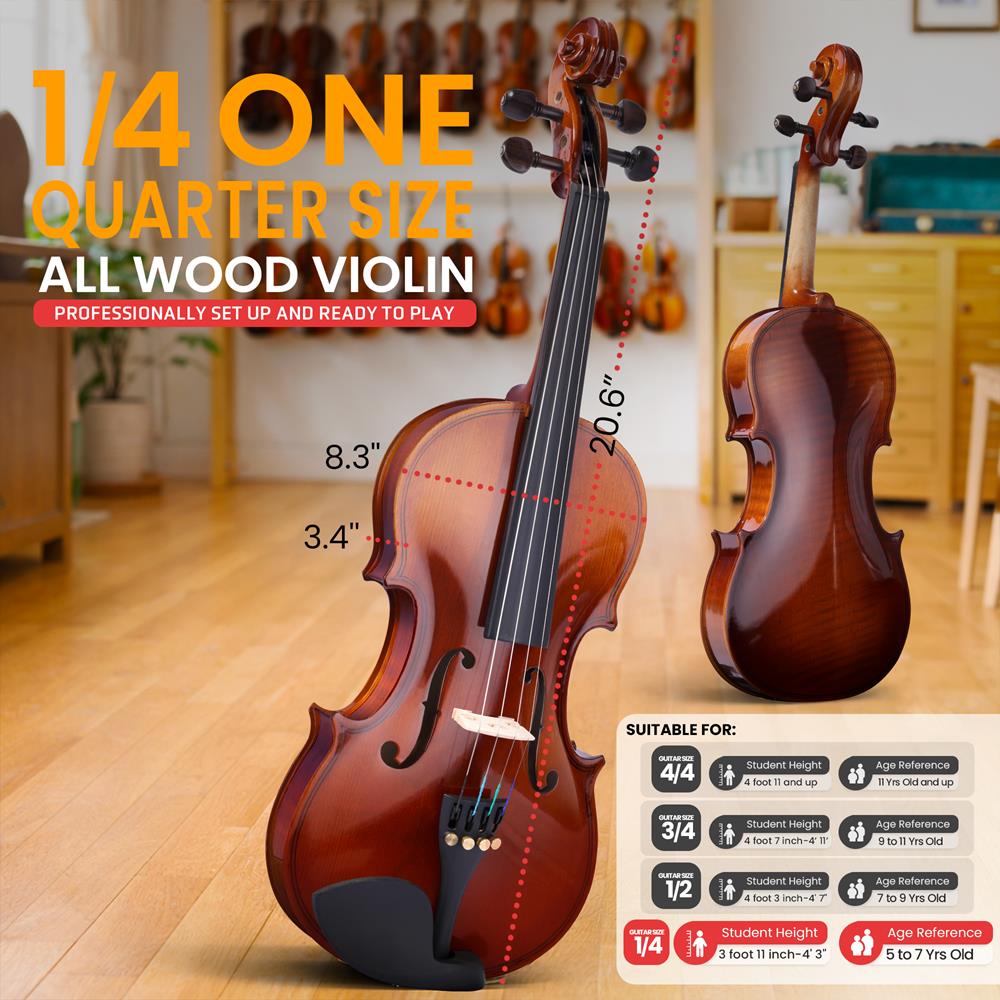1/4 Size Violin Starter Kit, Ready to Play, Plywood Body