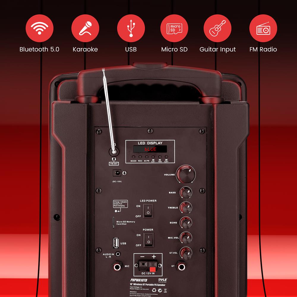 10" Portable PA Speaker - Karaoke System, Bluetooth