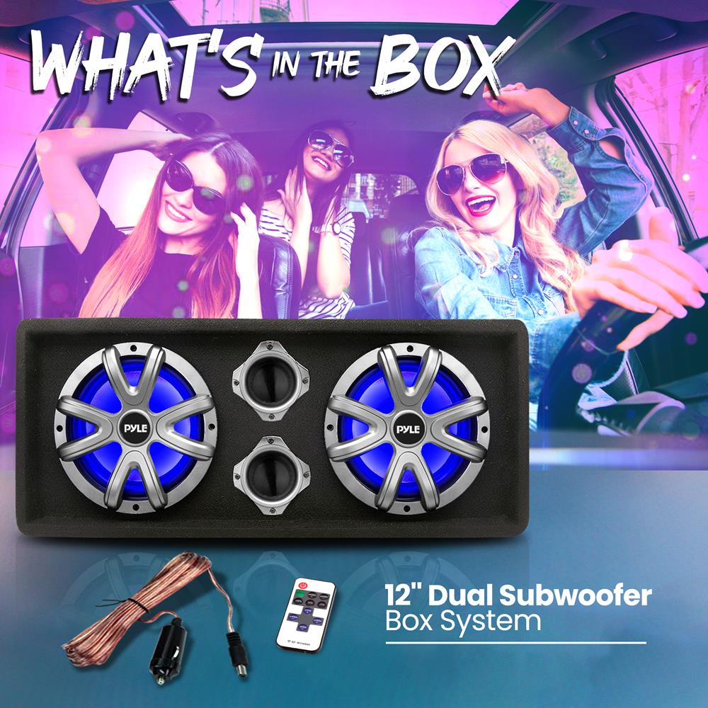 12" Dual Car Subwoofer Box, 600W, LED Lights, Silver Cone