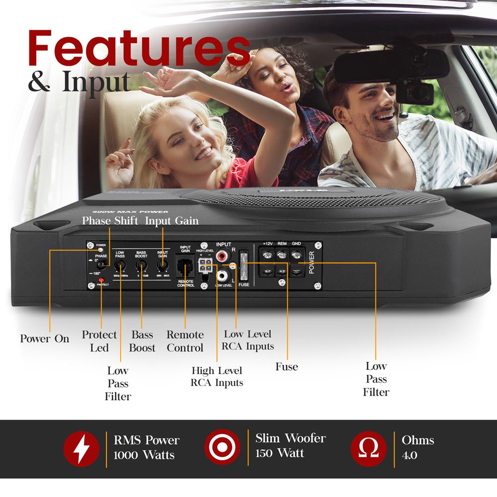 10" 900W Low-Profile Car Subwoofer System, Slim Design