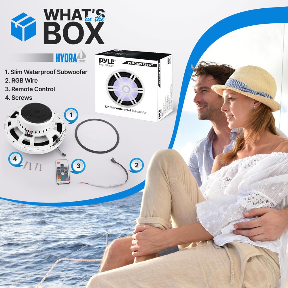 12" Slim Marine Subwoofer 500W Waterproof RGB Lights White