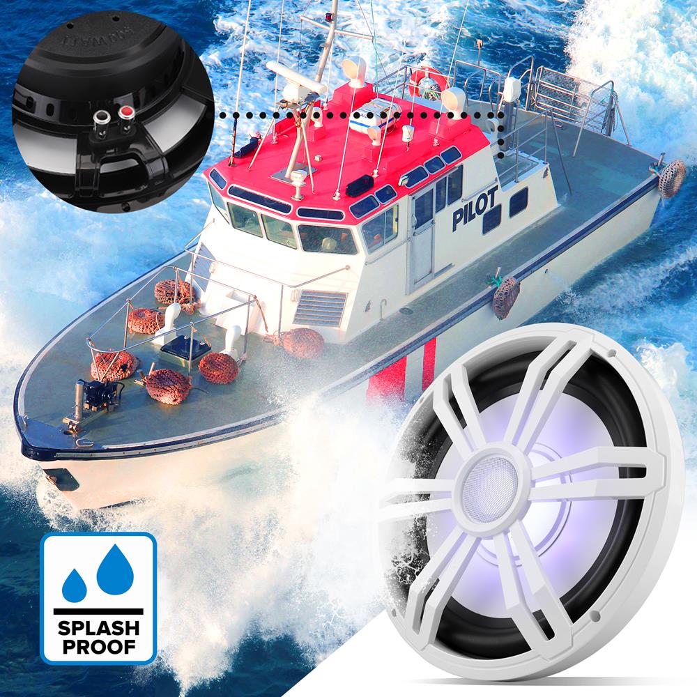 12" Slim Marine Subwoofer 500W Waterproof RGB Lights White