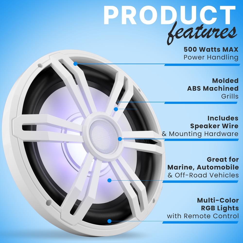 12" Slim Marine Subwoofer 500W Waterproof RGB Lights White
