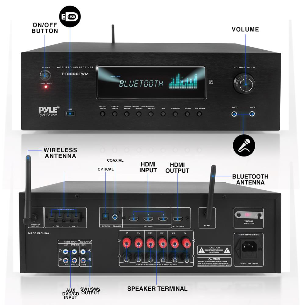 1000W 5.2-Ch Home Theater Receiver 4K UHD Bluetooth 2
