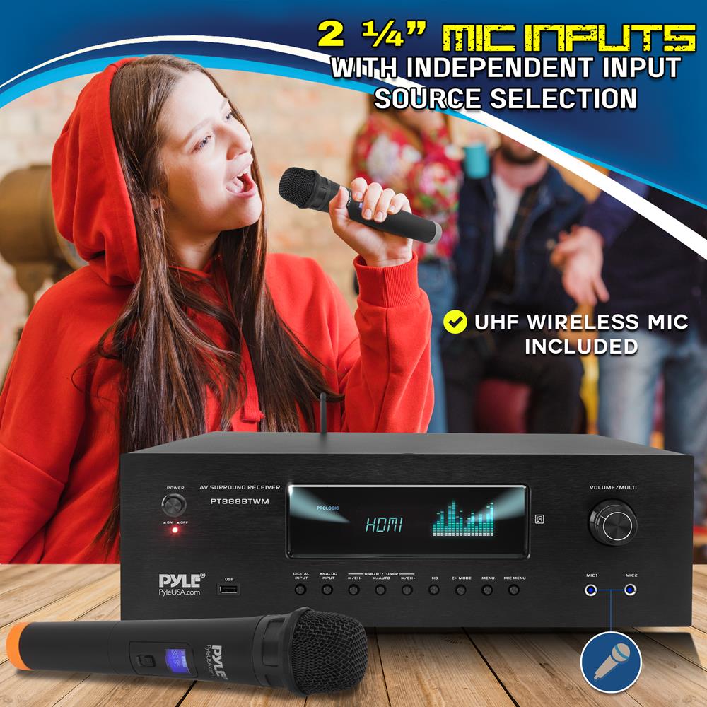 1000W 5.2-Channel Bluetooth Receiver with Wireless Mics