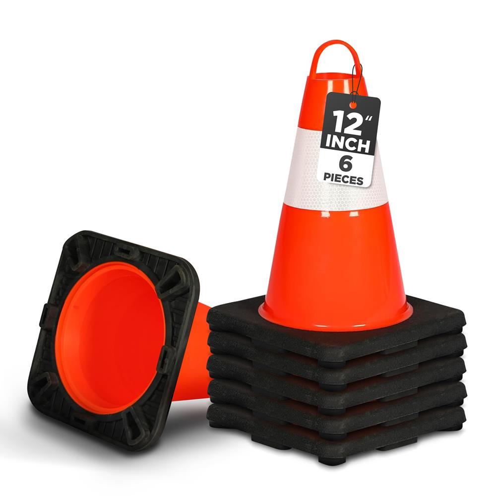 12" Safety Traffic Cones 6-Pack, High Visibility PVC
