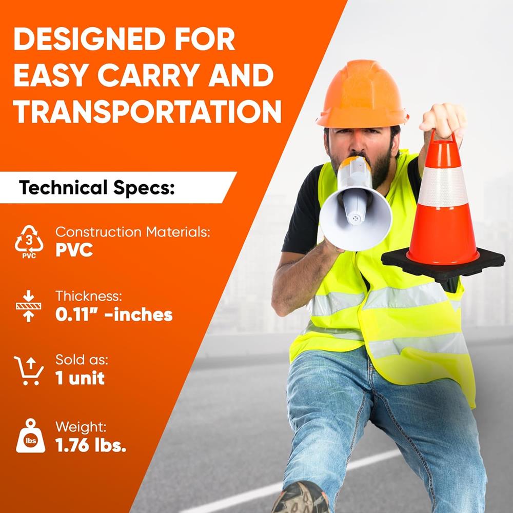 12" Safety Traffic Cones 6-Pack, High Visibility PVC