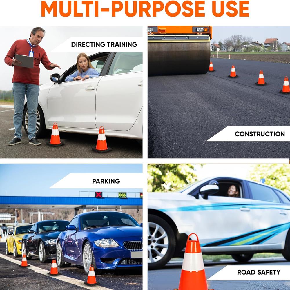 12" Safety Traffic Cones 6-Pack, High Visibility PVC