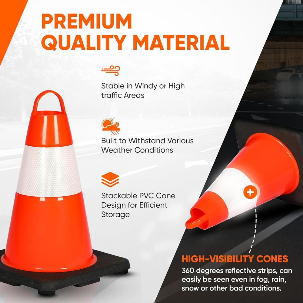 12" Safety Traffic Cones 6-Pack, High Visibility PVC