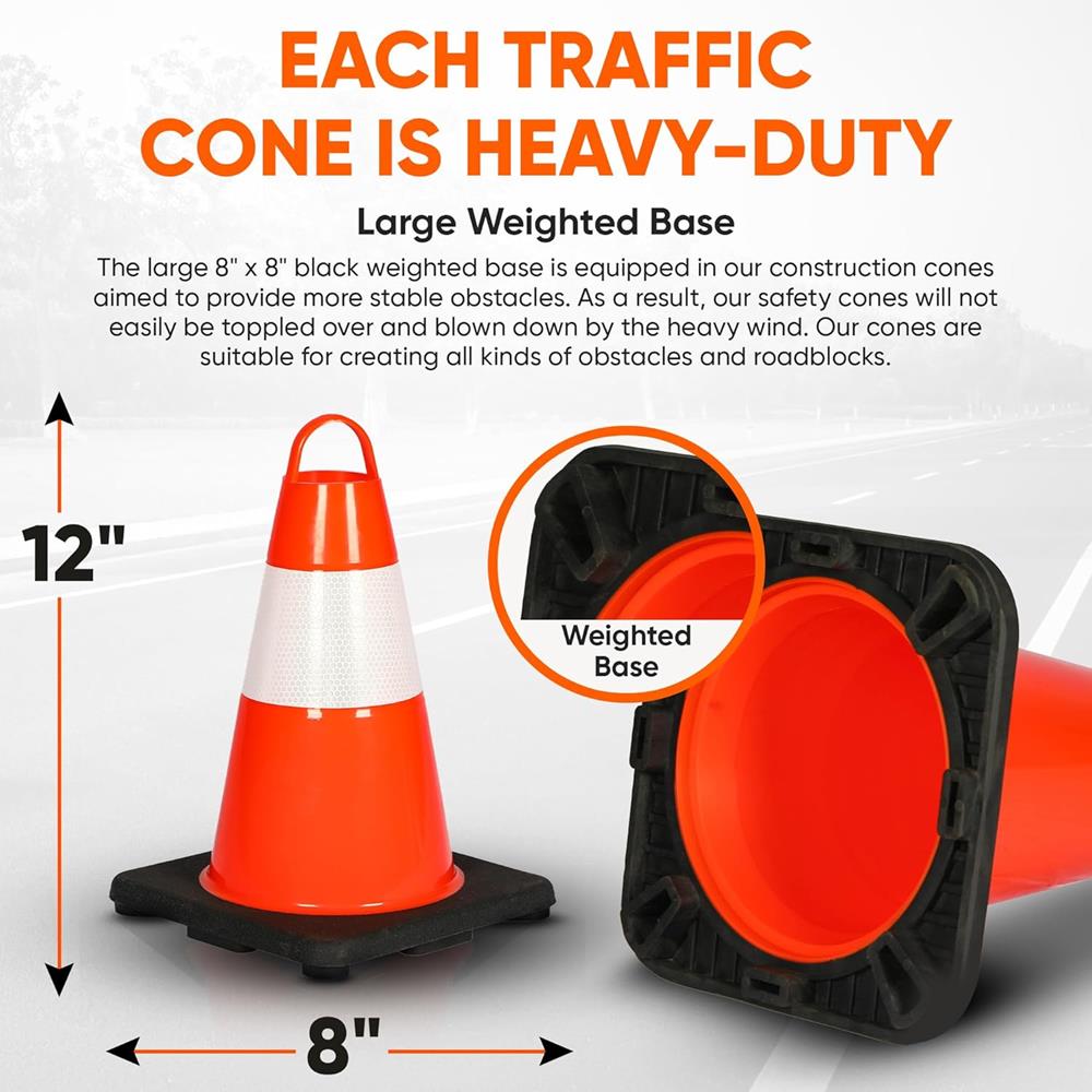 12" Safety Traffic Cones 6-Pack, High Visibility PVC