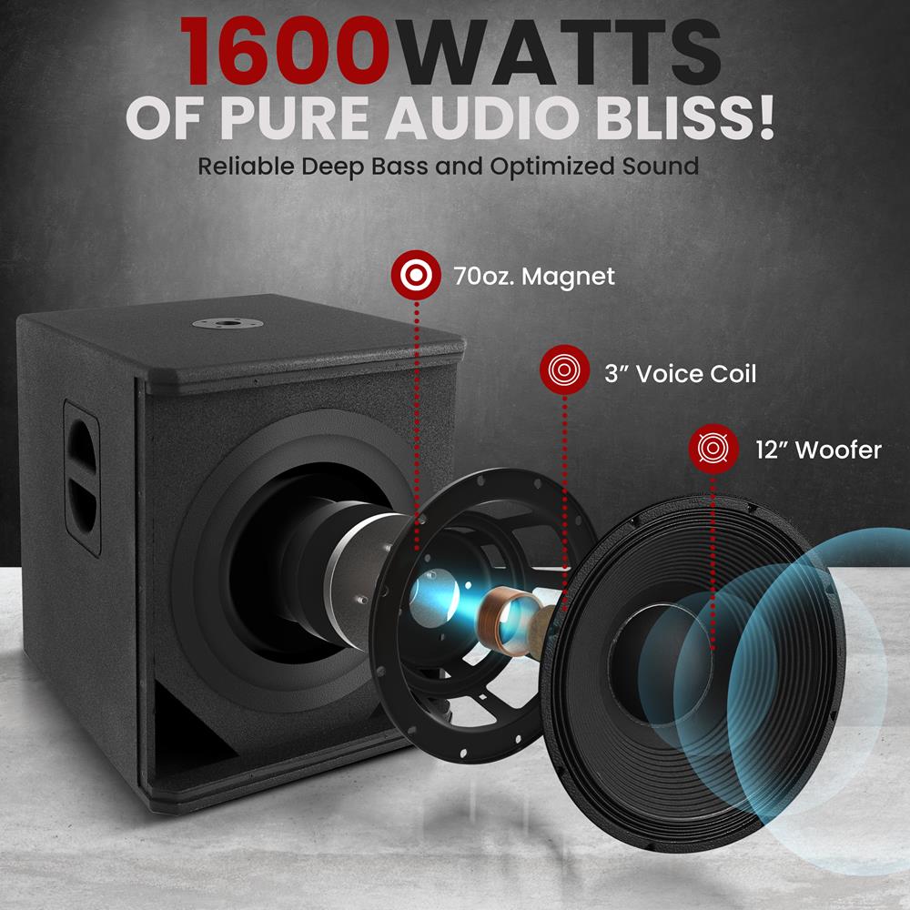 12" 1600W Subwoofer System, Louder Bass, DSP Processor