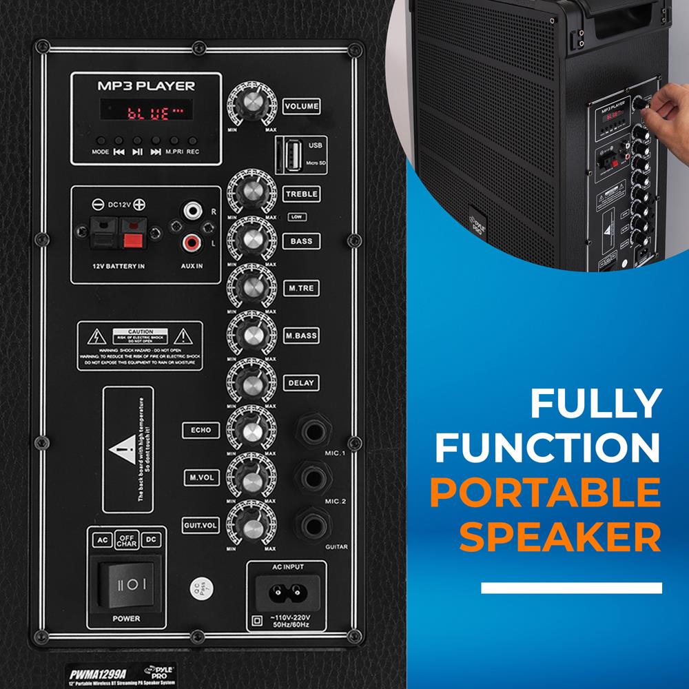 12" Portable Bluetooth Speaker System, Rechargeable, 800W