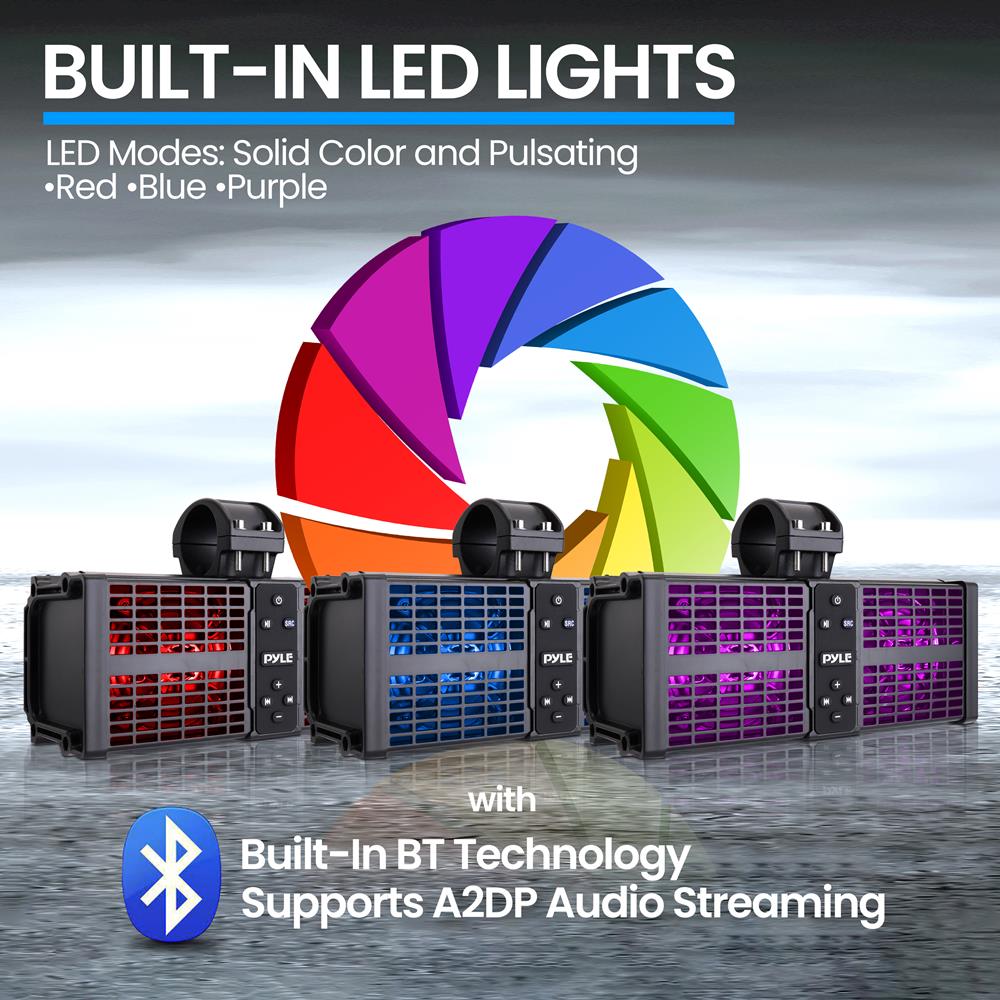 11" Powered Soundbar - Waterproof, Bluetooth, LED Lights