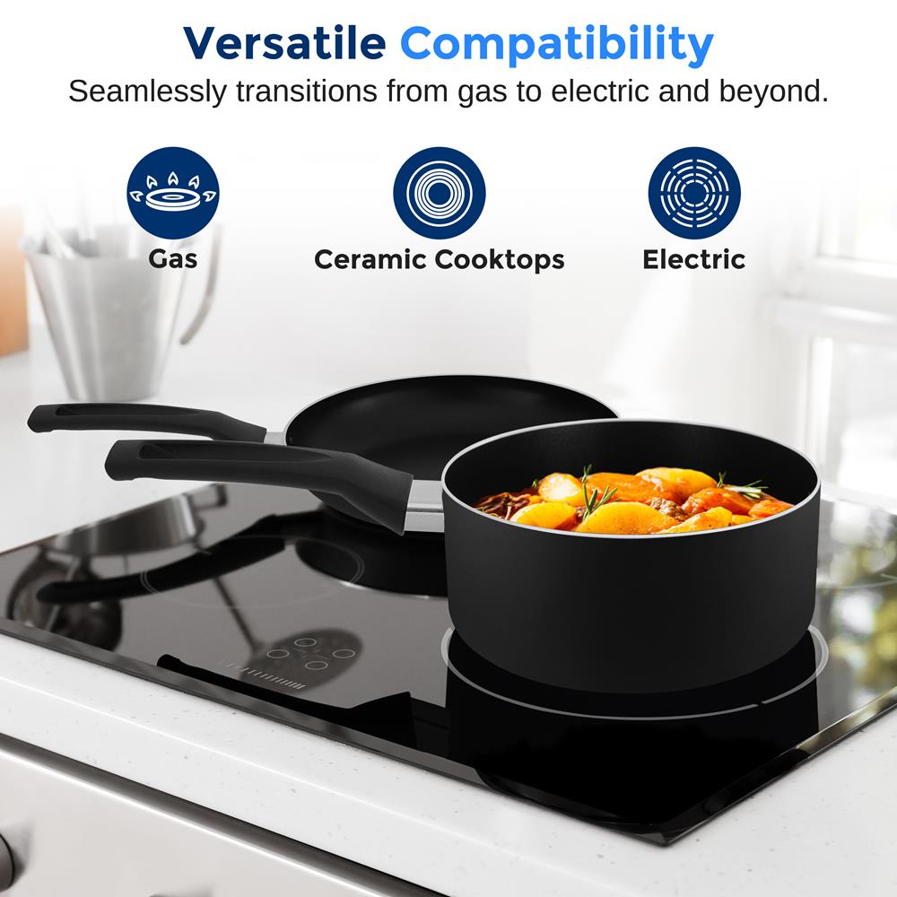 11-Piece Non-Stick Cookware Set, Even Heat, Black Coating