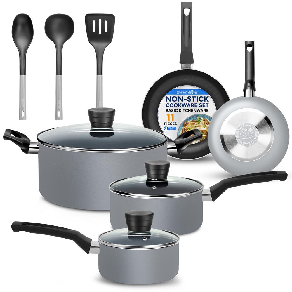 11-Piece Non-Stick Cookware Set, Even Heat, Gray