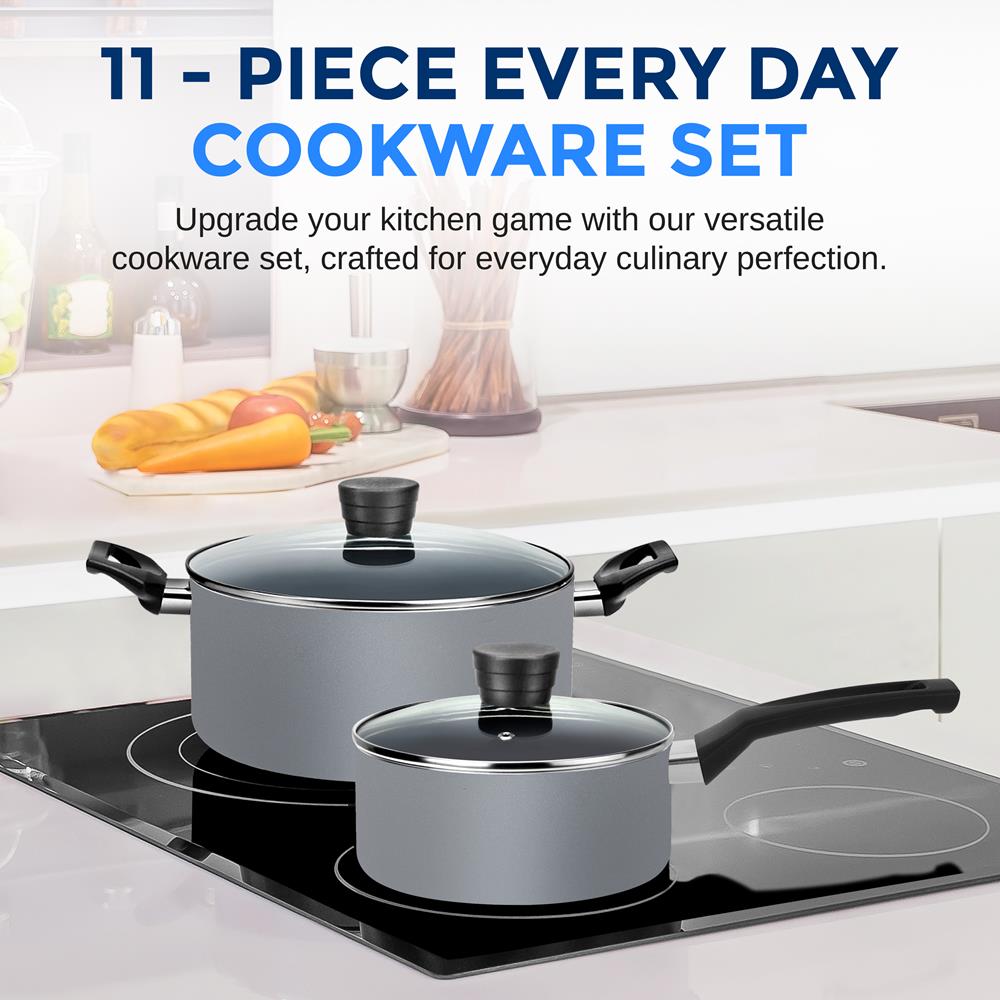 11-Piece Non-Stick Cookware Set, Even Heat, Gray