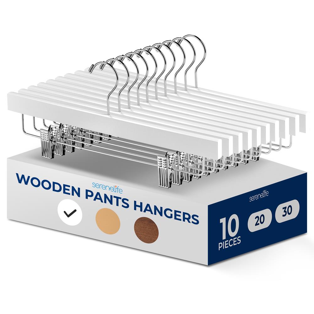 10 Pack Wooden Pants Hangers - Heavy Duty, Adjustable Clips