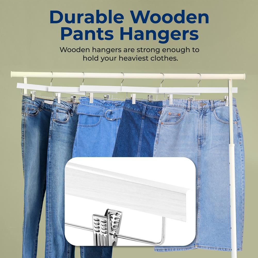 10 Pack Wooden Pants Hangers - Heavy Duty, Adjustable Clips