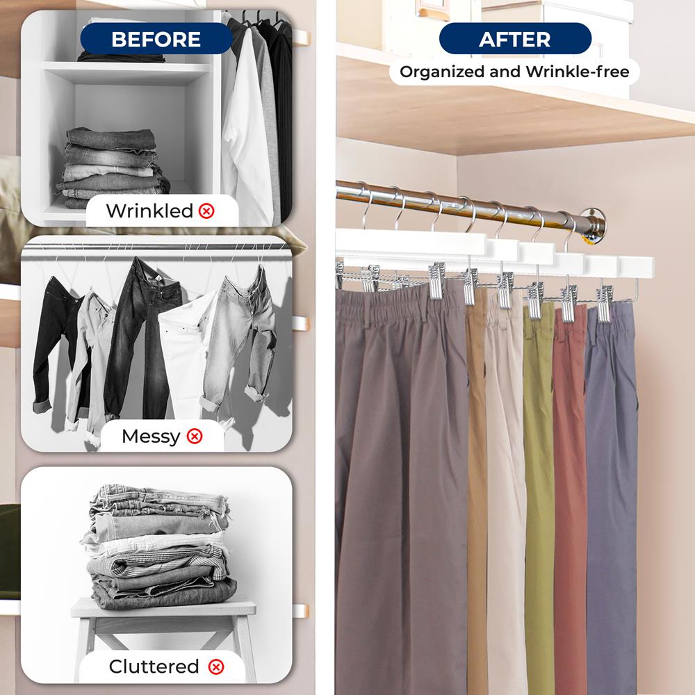 10 Pack Wooden Pants Hangers - Heavy Duty, Adjustable Clips