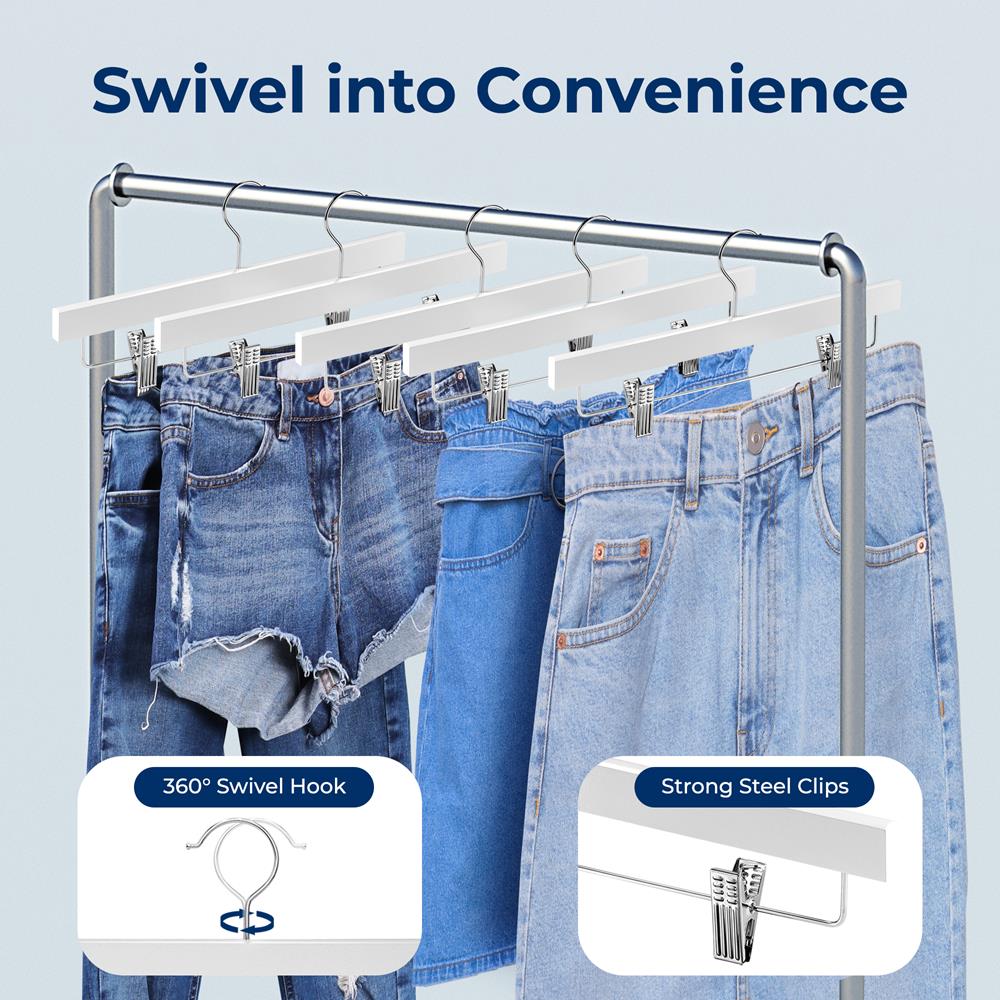 10 Pack Wooden Pants Hangers - Heavy Duty, Adjustable Clips