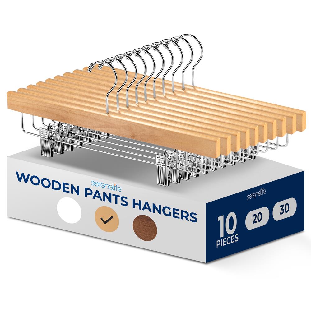 10 Pack Wooden Pant & Skirt Hangers - Non-Slip Clips
