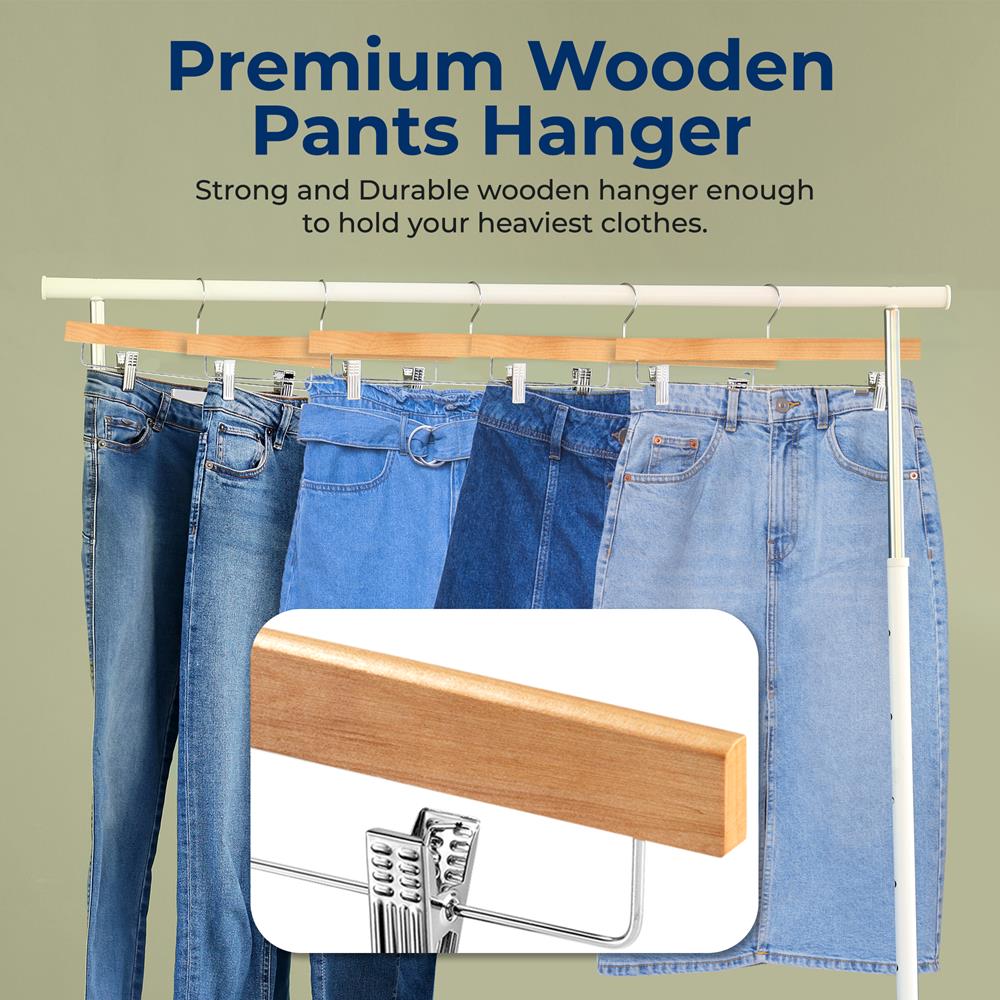 10 Pack Wooden Pant & Skirt Hangers - Non-Slip Clips