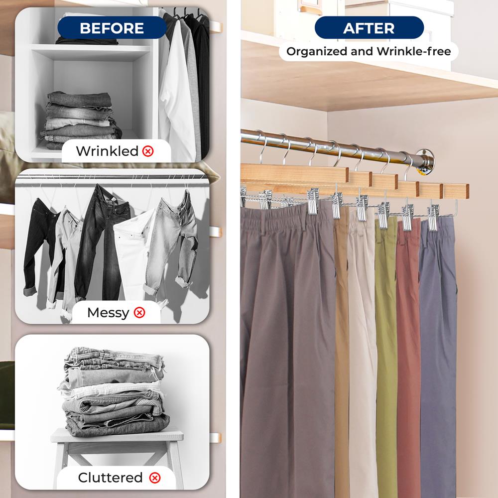 10 Pack Wooden Pant & Skirt Hangers - Non-Slip Clips