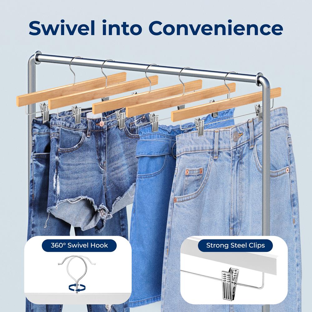 10 Pack Wooden Pant & Skirt Hangers - Non-Slip Clips