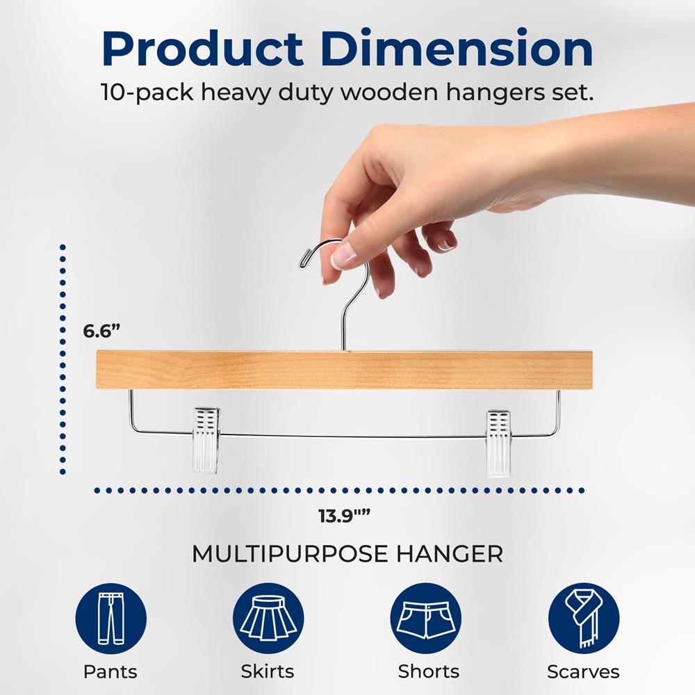 10 Pack Wooden Pant & Skirt Hangers - Non-Slip Clips