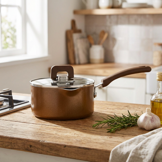 1.5Qt Non-Stick Saucepan with Lid, Foldable Knob, Brown
