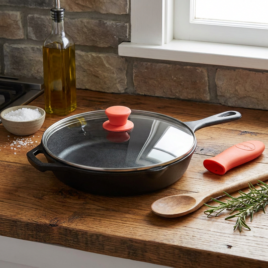 10" Cast Iron Skillet with Lid - Non-Stick, Oven Safe, Orange Handle