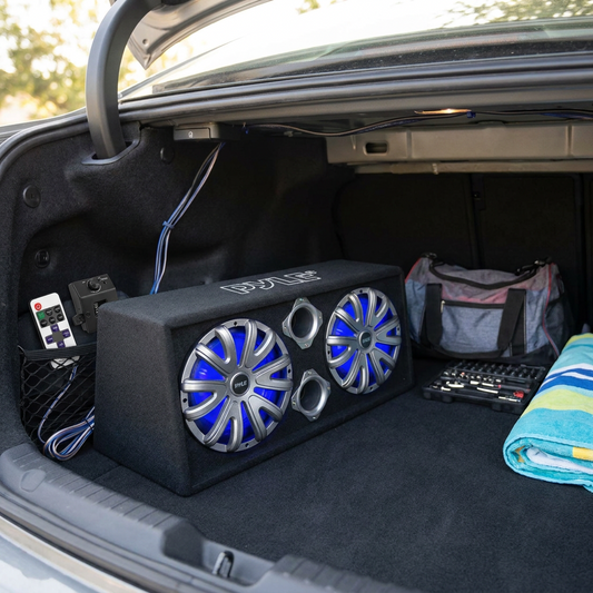 10" Dual Bass Subwoofer Box, 500W, LED Lights, Rear Vented Design