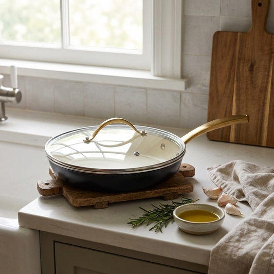 10" Non-Stick Frying Pan with Lid, Golden Titanium Handle, Easy Clean