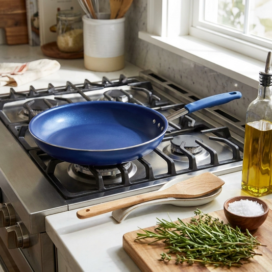 10" Nonstick Fry Pan - Easy Clean Ceramic Coating, Blue Silicone Handle