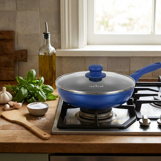 10" Nonstick Fry Pan with Lid, Ceramic Coating, Blue Silicone Handle