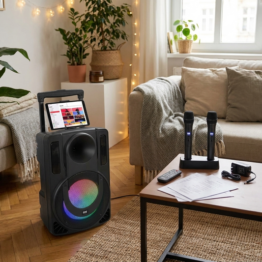 10" Portable PA Speaker - Karaoke System, Bluetooth, LED Lights, 2 Mics