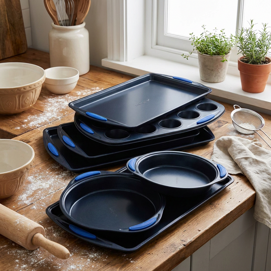 10-Piece Nonstick Bakeware Set - Easy Clean Carbon Steel, Red Handles