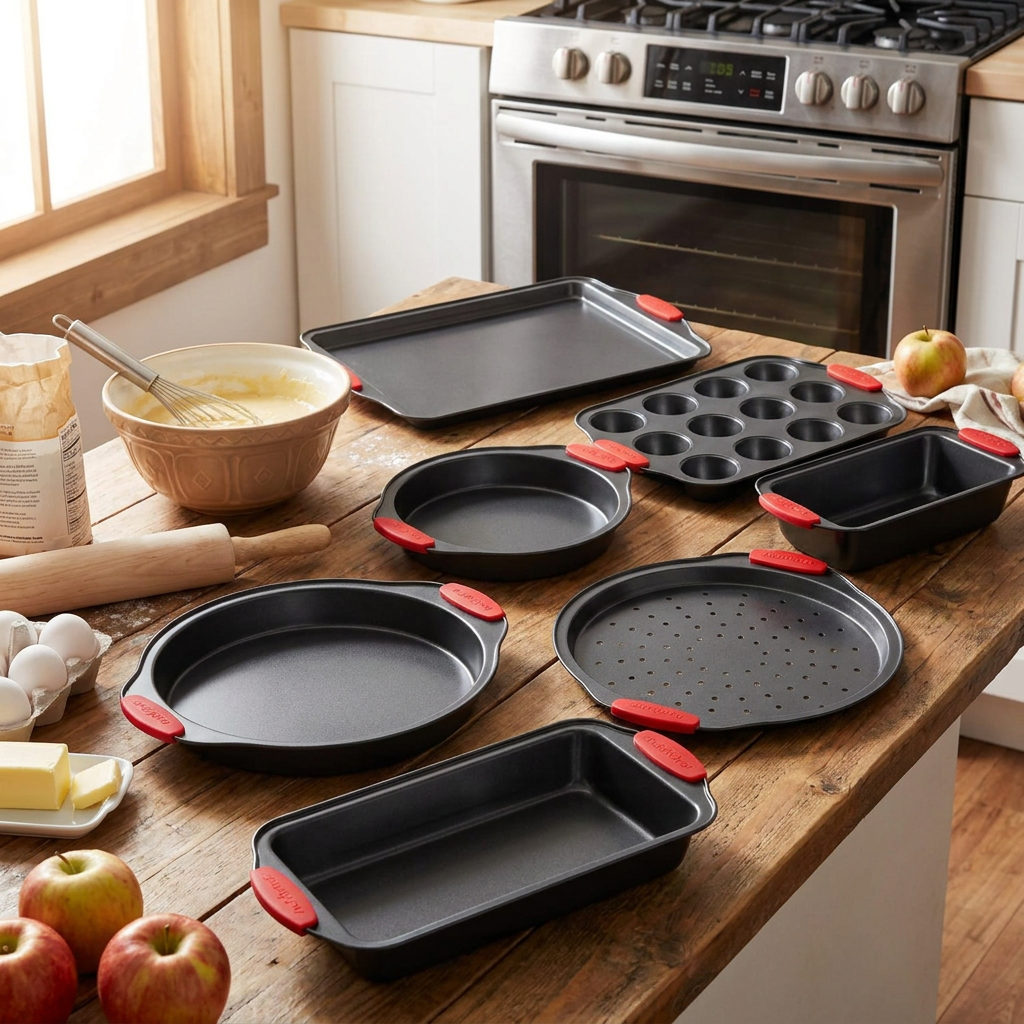 10-Piece Nonstick Bakeware Set, Easy Clean Carbon Steel, Red Handles