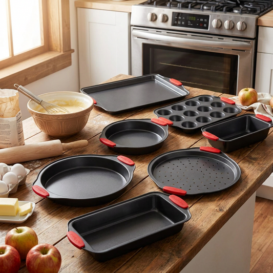 10-Piece Nonstick Bakeware Set, Easy Clean Carbon Steel, Red Handles