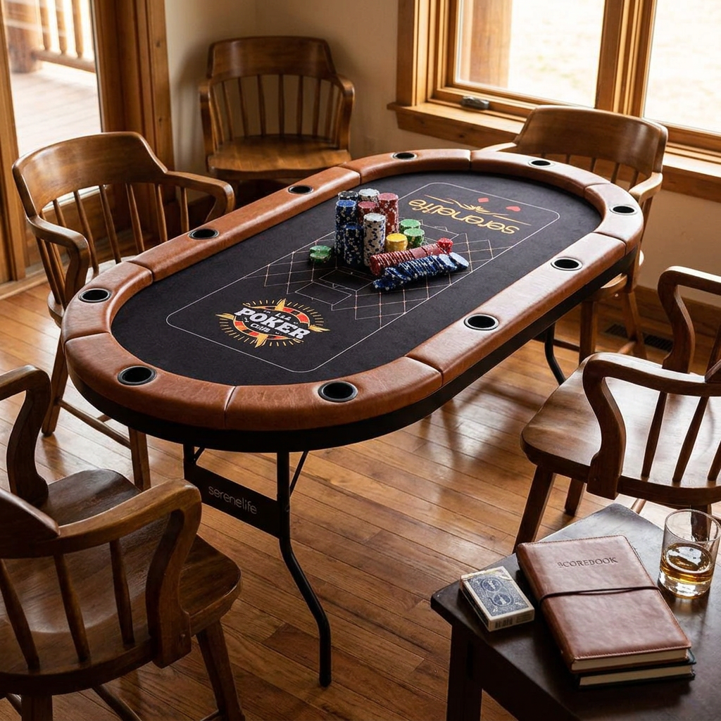 10-Player Foldable Poker Table, Water-Resistant Rail, Brown Felt Surface